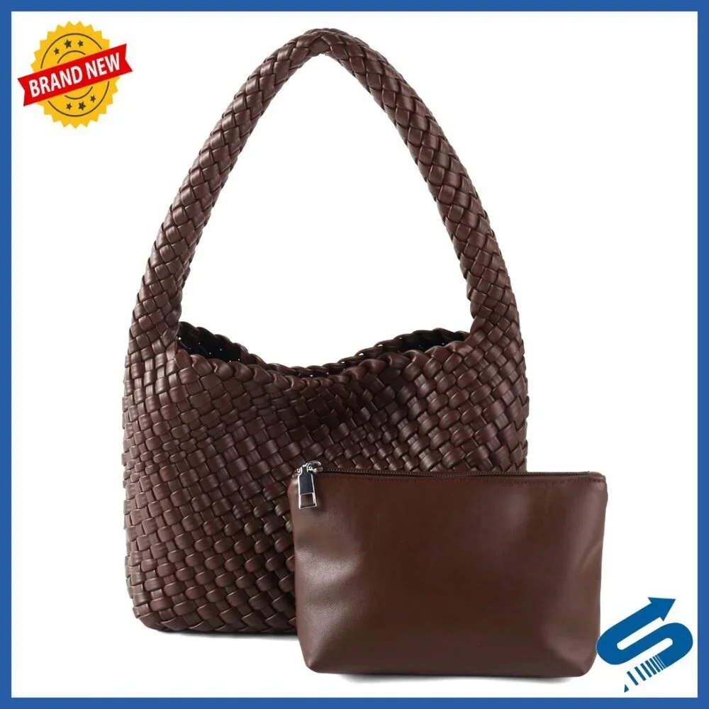 Handmade Woven Vegan Leather Shoulder Tote Bag Elegant Chic Casual